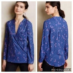 Maeve Blue Top with Black and Pink Floral Design